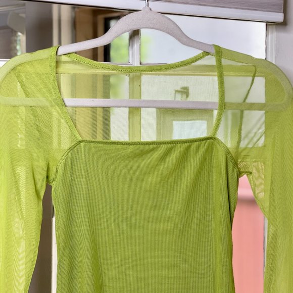 Slinky Lime Neon Green Mesh Long Sleeve Mini Dress - Picture 6 of 7